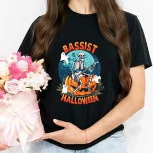 Skeleton Bassist Shirt, Skeleton Play Guitar Bassist Pumpkins Halloween Shirt, Skeleton Boos Bassist Halloween Shirt 2