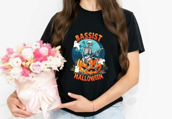 Skeleton Bassist Shirt, Skeleton Play Guitar Bassist Pumpkins Halloween Shirt, Skeleton Boos Bassist Halloween Shirt