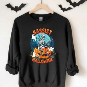Skeleton Bassist Shirt, Skeleton Play Guitar Bassist Pumpkins Halloween Shirt, Skeleton Boos Bassist Halloween Shirt 3
