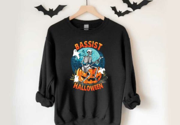 Skeleton Bassist Shirt, Skeleton Play Guitar Bassist Pumpkins Halloween Shirt, Skeleton Boos Bassist Halloween Shirt