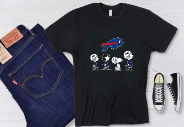 Snoopy Bills Walking Shirt, The Peanut Character Charlie Brown And Snoopy Walking With Buffalo Bills Baseball Shirt