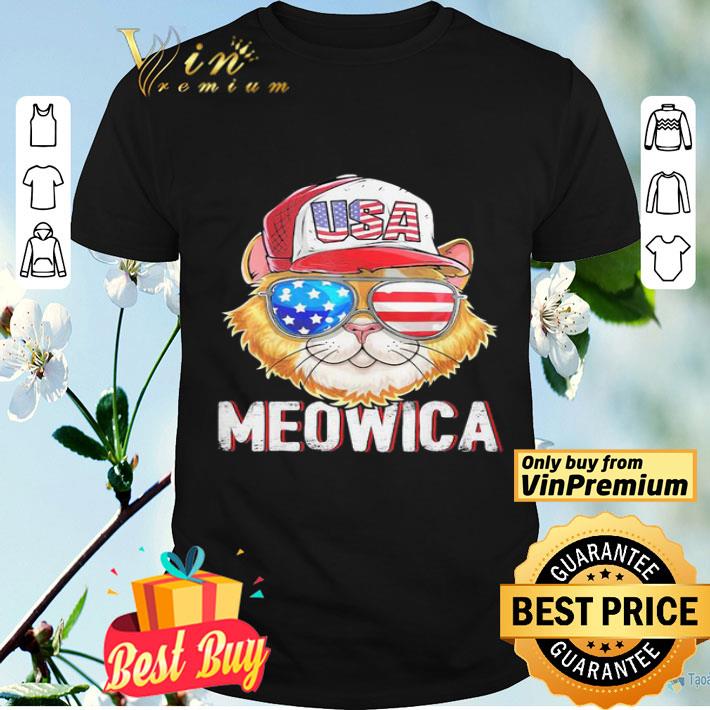 Meowica Cat Hat Sunglasses USA American Flag Independence Day shirt