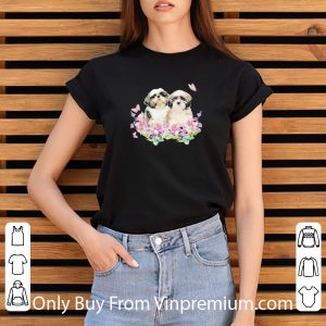 Great Shih Tzu Couple Butterfly Flowers shirt 2