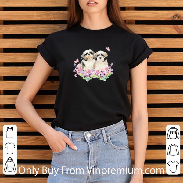 Great Shih Tzu Couple Butterfly Flowers shirt
