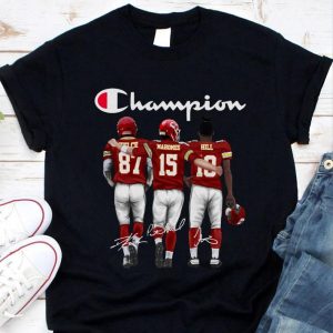 Premium Champion Kansas City Chiefs Travis Kelce Patrick Mahomes II Tyreek Hill Signatures Shirt