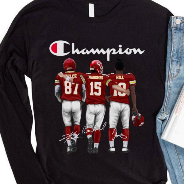 Premium Champion Kansas City Chiefs Travis Kelce Patrick Mahomes II Tyreek Hill Signatures Shirt