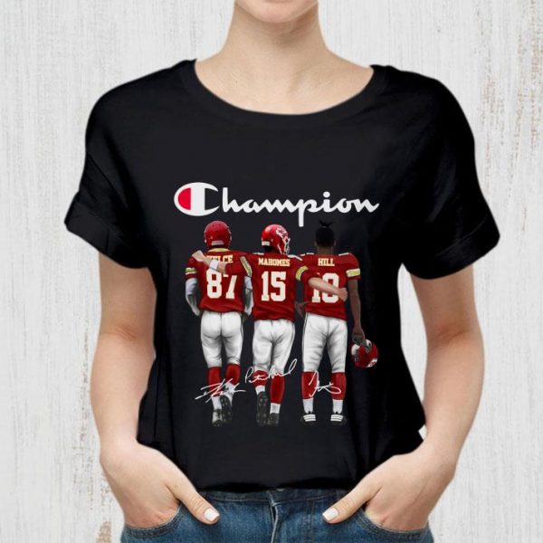 Premium Champion Kansas City Chiefs Travis Kelce Patrick Mahomes II Tyreek Hill Signatures Shirt