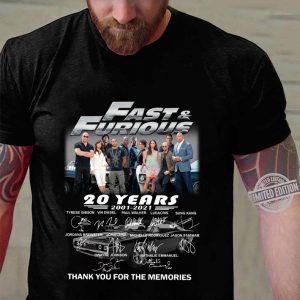 Original Fast and Furious Season 9 20 years 2001-2021 signatures thank you for the memories shirt 2