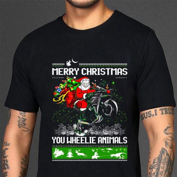 Santa Claus Riding Motorcycle Merry Christmas You Wheelie Animals Ugly shirt 3