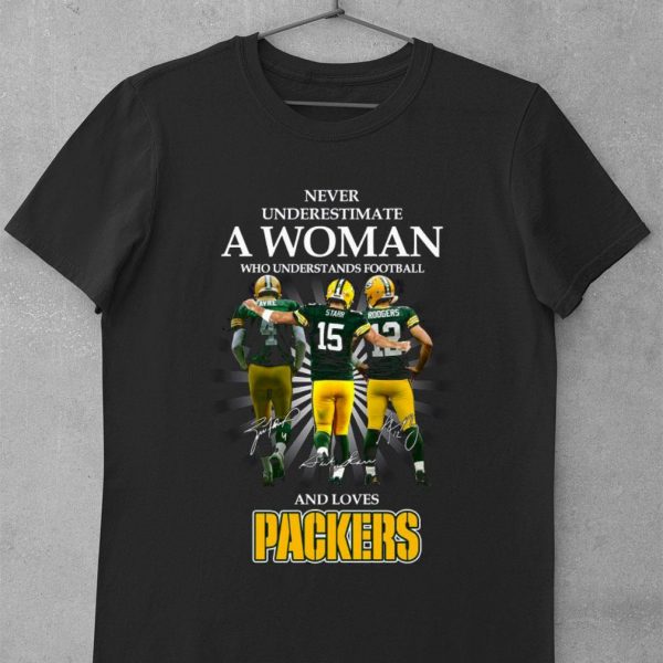 Funny Brett Favre Bart Starr Aaron Rodgers Never underestimate a woman who understands Packers shirt 1