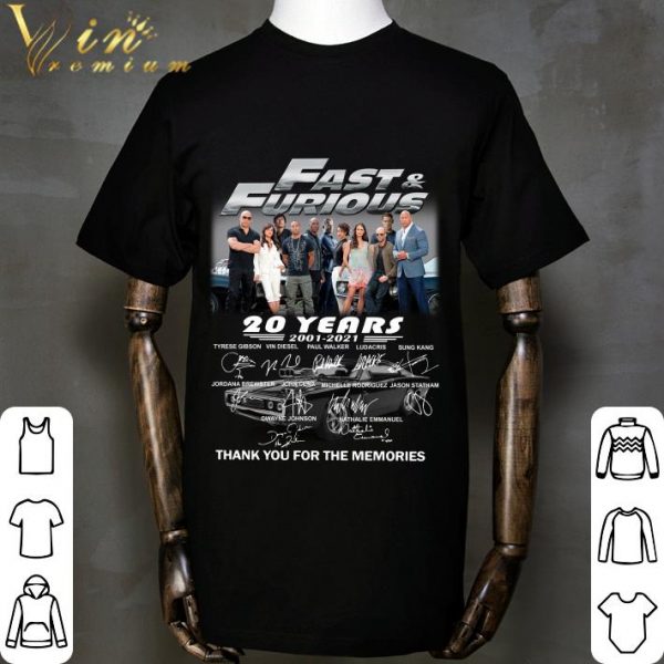 Fast and Furious Season 9 20 years 2001-2021 signatures thank you for the memories shirt 2