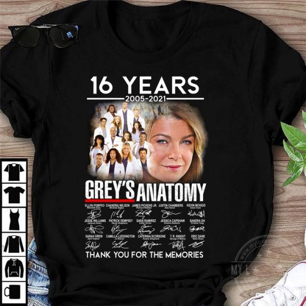 Awesome 16 years 2005-2021 Grey's Anatomy signatures thank you for the memories shirt 1