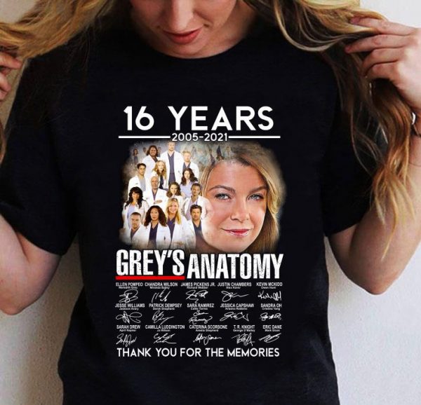 Awesome 16 years 2005-2021 Grey's Anatomy signatures thank you for the memories shirt 2