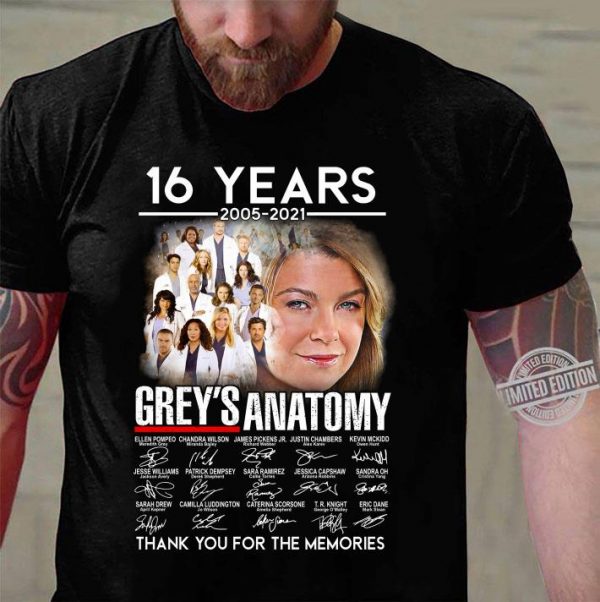 Awesome 16 years 2005-2021 Grey's Anatomy signatures thank you for the memories shirt 3