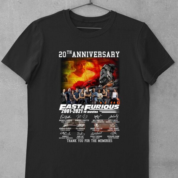 Awesome 20th anniversary Fast and Furious 2001-2021 10 movies signatures thank you for the memories shirt 1