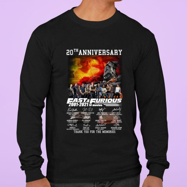 Awesome 20th anniversary Fast and Furious 2001-2021 10 movies signatures thank you for the memories shirt 3