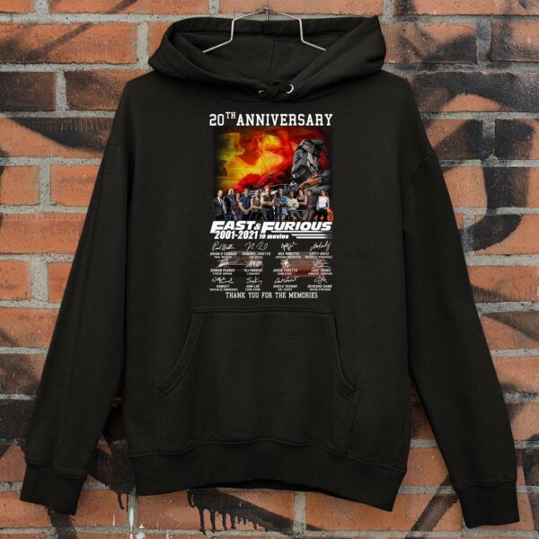Awesome 20th anniversary Fast and Furious 2001-2021 10 movies signatures thank you for the memories shirt 4