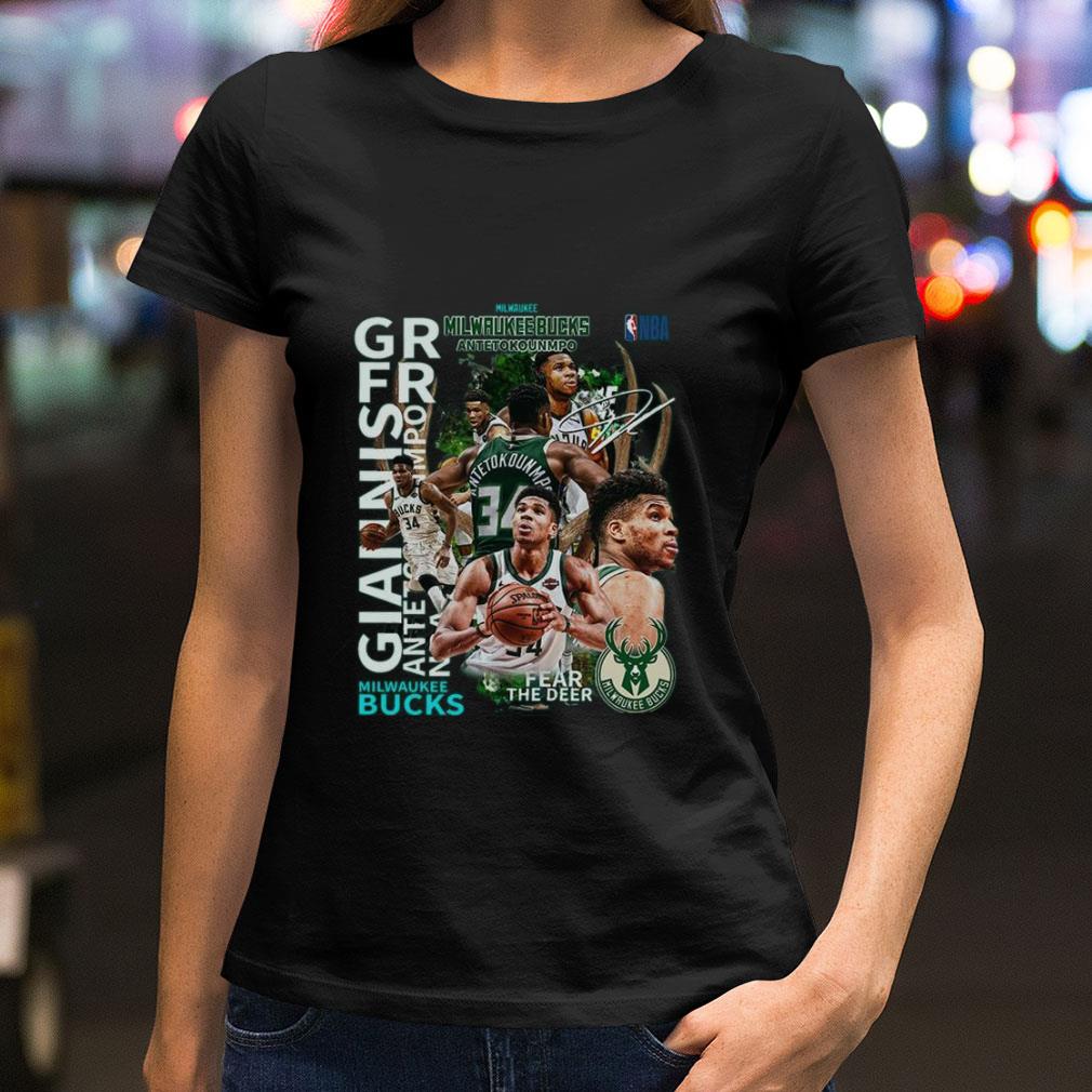 Funny NBA Milwaukee Bucks 34 Giannis Antetokounmpo Fear The Deer Signature Shirt NBA Milwaukee Bucks 34 Giannis Antetokounmpo Fear The Deer Signature Shirt 2 - Funny NBA Milwaukee Bucks 34 Giannis Antetokounmpo Fear The Deer Signature Shirt