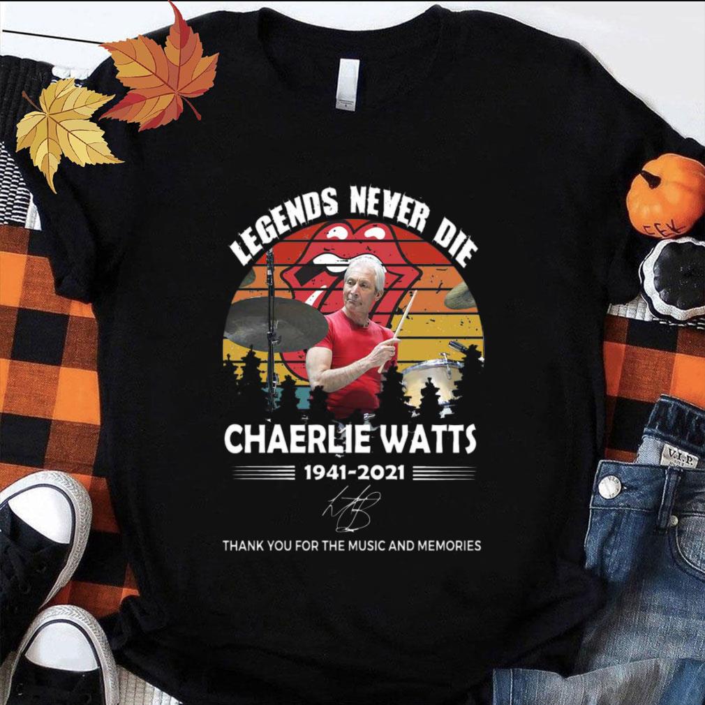 Funny Vintage Sunset Legends Never Die Charlie Watts 1941-2021 signature thank you for the music and memories shirt