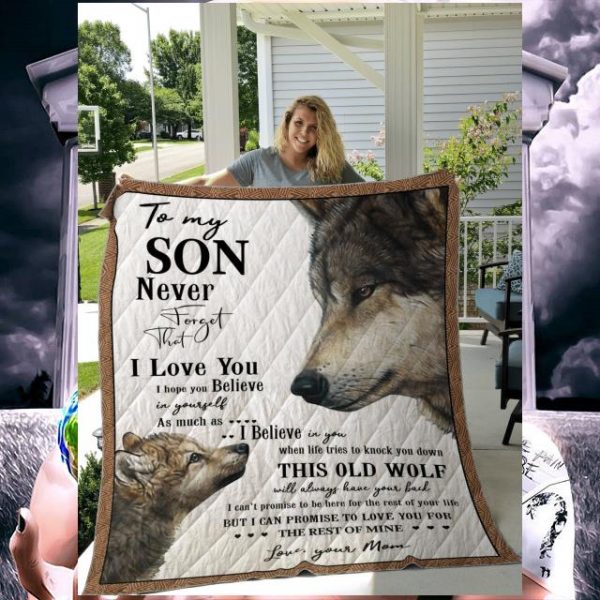 Old Wolf Mother's day to my son i love you love your mom quilt blanket