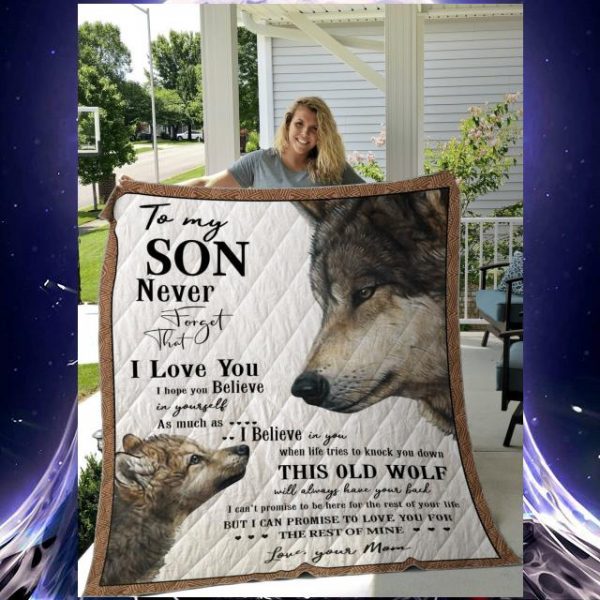 Old Wolf Mother's day to my son i love you love your mom quilt blanket
