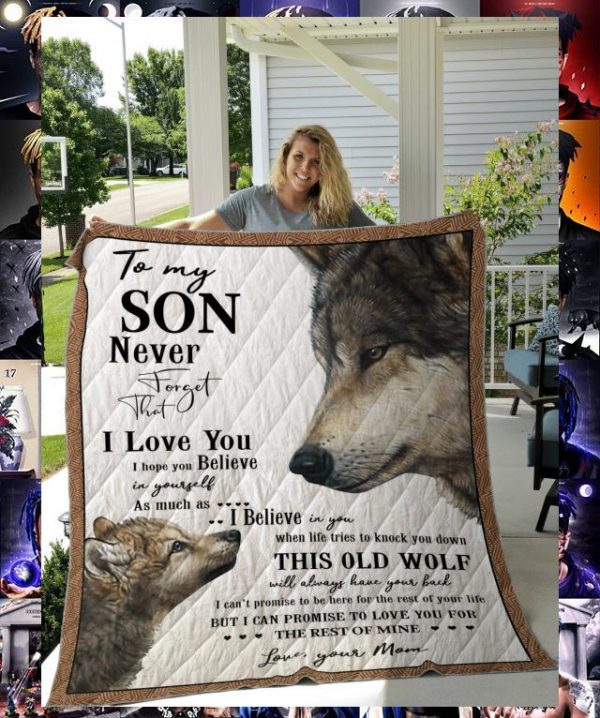 Old Wolf Mother's day to my son i love you love your mom quilt blanket