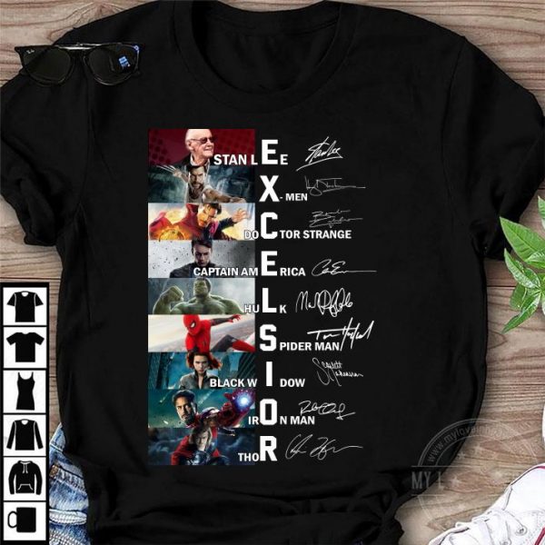 Original Excelsior Stan Lee Marvel Character Signatures shirt