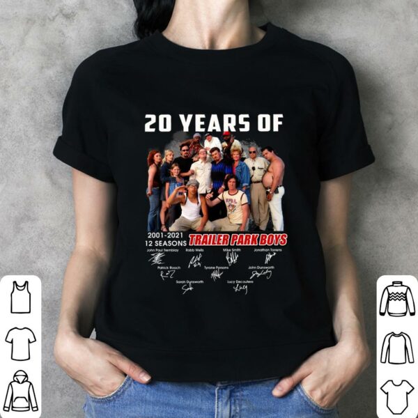 Funny 20 years of Trailer Park Boys 2001-2021 12 seasons signatures shirt, Robb Wells, Mike Smith, John Paul Tremblay