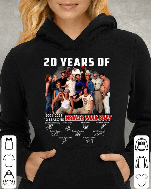 Funny 20 years of Trailer Park Boys 2001-2021 12 seasons signatures shirt, Robb Wells, Mike Smith, John Paul Tremblay