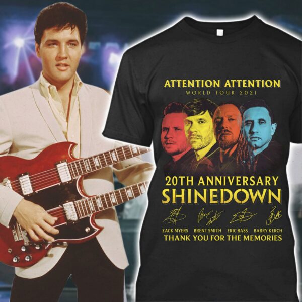 Original 2021 ATTENTION ATTENTION World Tour 20th anniversary Shinedown signatures thank memories shirt