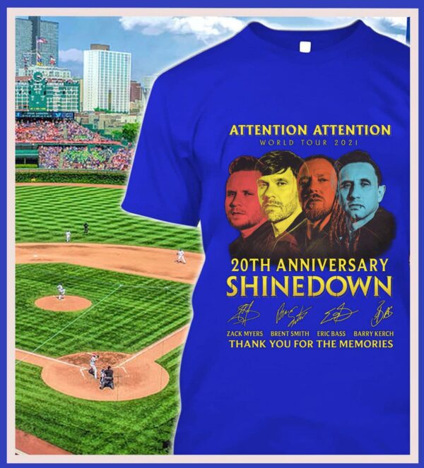 Original 2021 ATTENTION ATTENTION World Tour 20th anniversary Shinedown signatures thank memories shirt