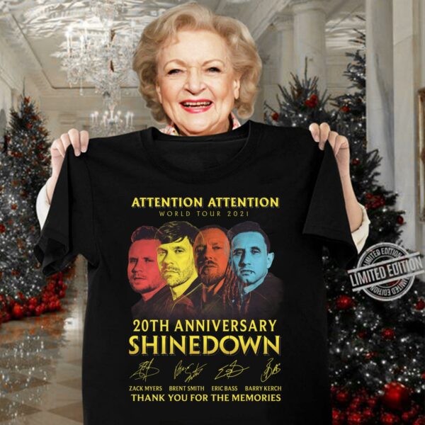 Original 2021 ATTENTION ATTENTION World Tour 20th anniversary Shinedown signatures thank memories shirt