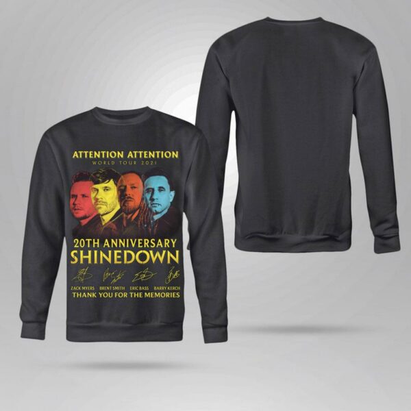 Original 2021 ATTENTION ATTENTION World Tour 20th anniversary Shinedown signatures thank memories shirt