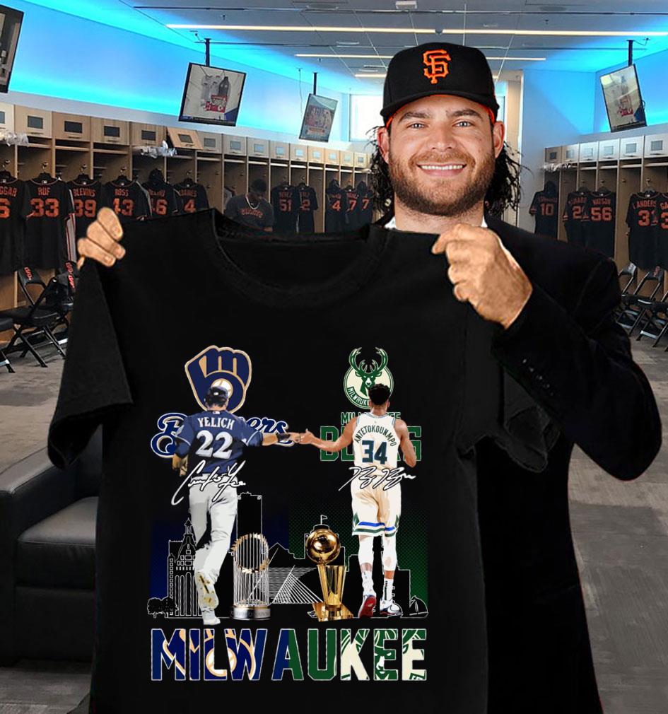 Milwaukee Sports Teams Milwaukee Bucks Milwaukee Brewers Yelich Antetokounmpo Signatures Shirt Milwaukee Sports Teams Milwaukee Bucks Milwaukee Brewers Yelich Antetokounmpo Signatures Shirt 2 - Milwaukee Sports Teams Milwaukee Bucks Milwaukee Brewers Yelich Antetokounmpo Signatures Shirt
