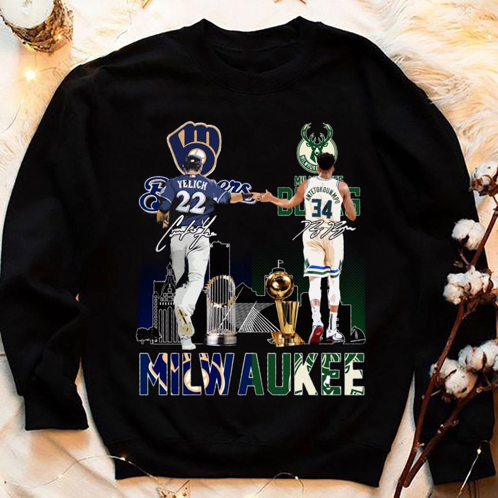 Milwaukee Sports Teams Milwaukee Bucks Milwaukee Brewers Yelich Antetokounmpo Signatures Shirt Milwaukee Sports Teams Milwaukee Bucks Milwaukee Brewers Yelich Antetokounmpo Signatures Shirt 4 - Milwaukee Sports Teams Milwaukee Bucks Milwaukee Brewers Yelich Antetokounmpo Signatures Shirt