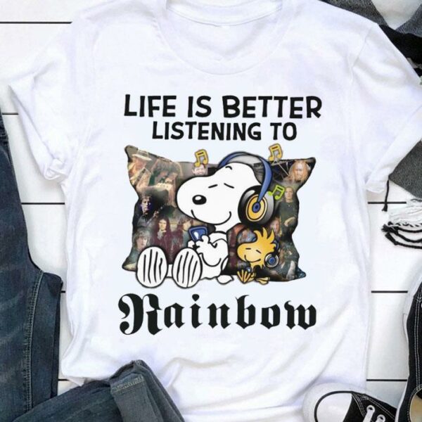 Official Peanuts Snoopy Woodstock Life Is Better Listening To Rainbow Shirt