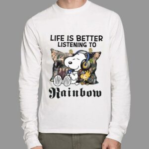 Official Peanuts Snoopy Woodstock Life Is Better Listening To Rainbow Shirt 1