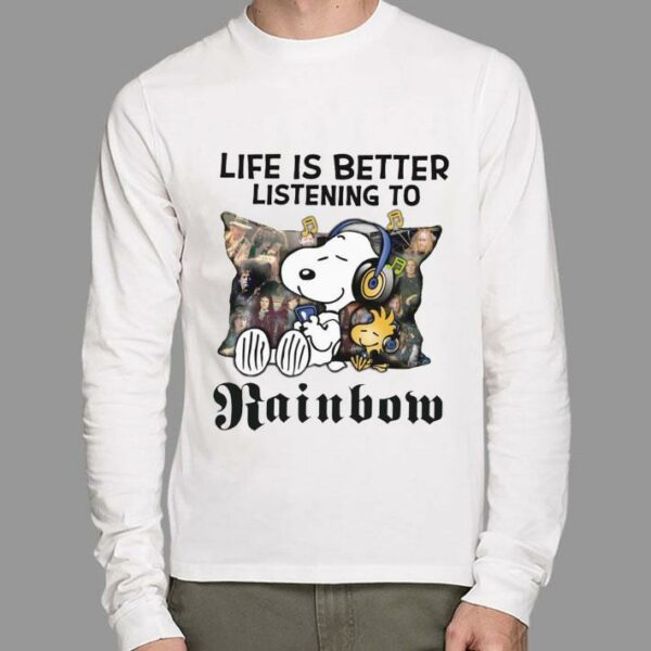 Official Peanuts Snoopy Woodstock Life Is Better Listening To Rainbow Shirt