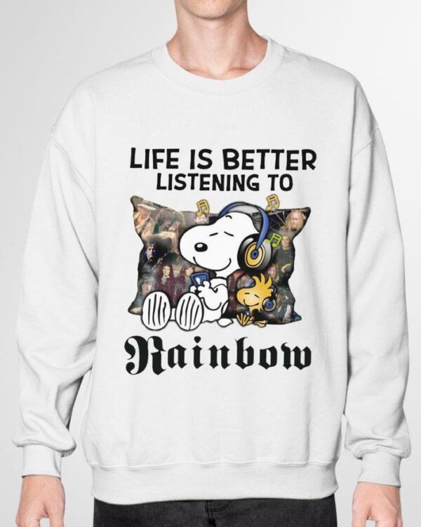 Official Peanuts Snoopy Woodstock Life Is Better Listening To Rainbow Shirt