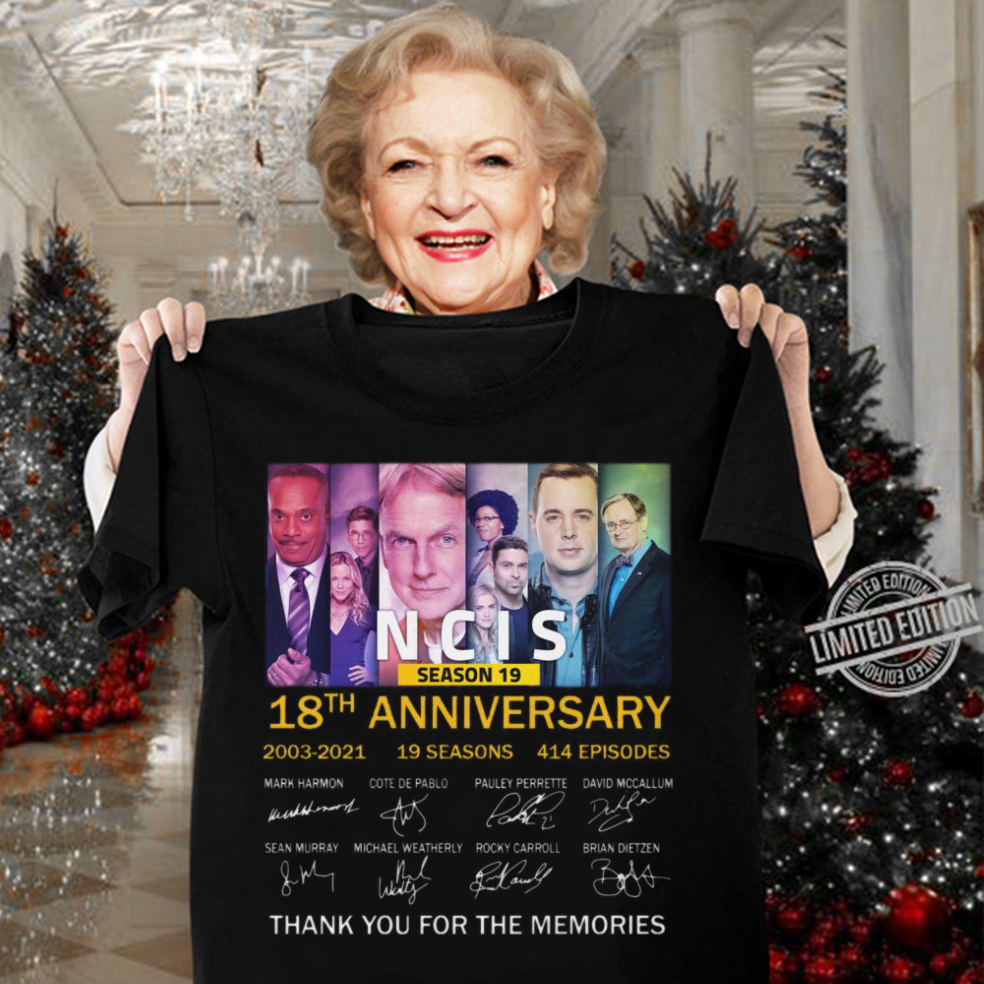 Funny Season 19 NCIS 18th anniversary 2003-2021 19 seasons 414 episodes signatures thank memories shirt Season 19 NCIS 18th anniversary 2003 2021 19 seasons 414 episodes signatures thank memories shirt 3 - Funny Season 19 NCIS 18th anniversary 2003-2021 19 seasons 414 episodes signatures thank memories shirt