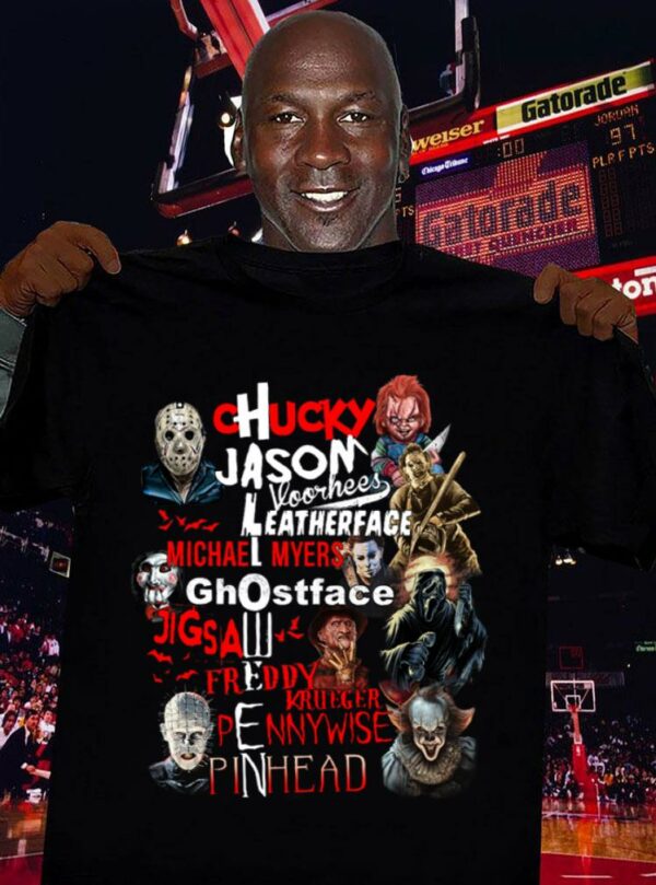 Hot Halloween Horror Films Characters Chucky Jason Leatherface Michael Freddy Pennywise Shirt
