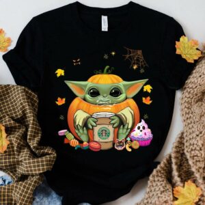 Funny Pumpkin Baby Yoda Starbucks Coffee Halloween Shirt