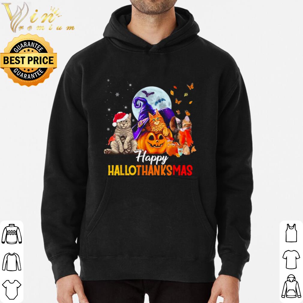 Halloween Three cats pumpkin happy hallothanksmas shirt