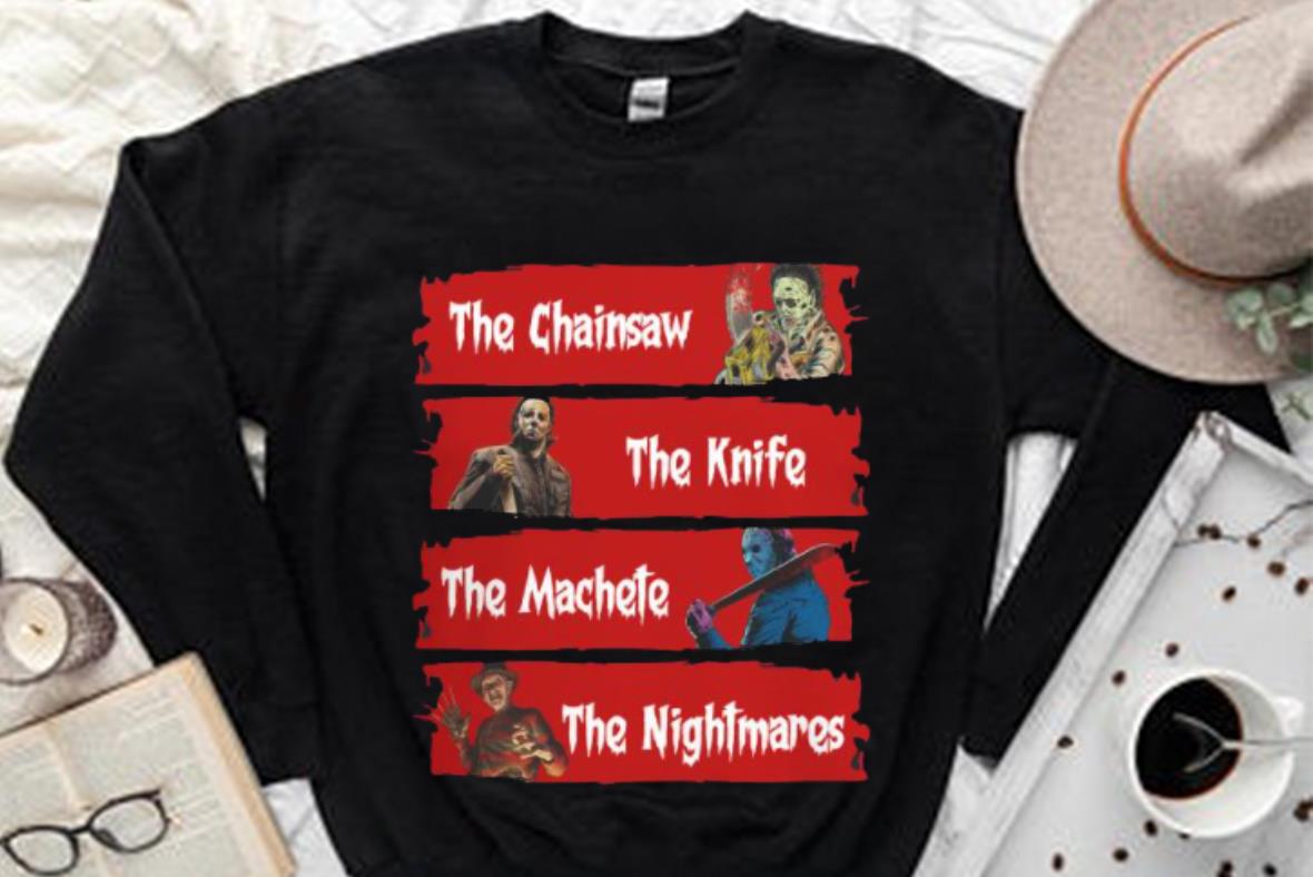 Vintage Horror Characters The Chainsaw The Knife The Machete The Nightmares Shirt, Horror Chainsaw Characters Shirt 2