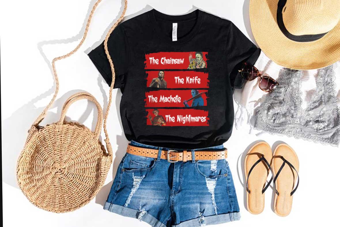 Vintage Horror Characters The Chainsaw The Knife The Machete The Nightmares Shirt, Horror Chainsaw Characters Shirt 4