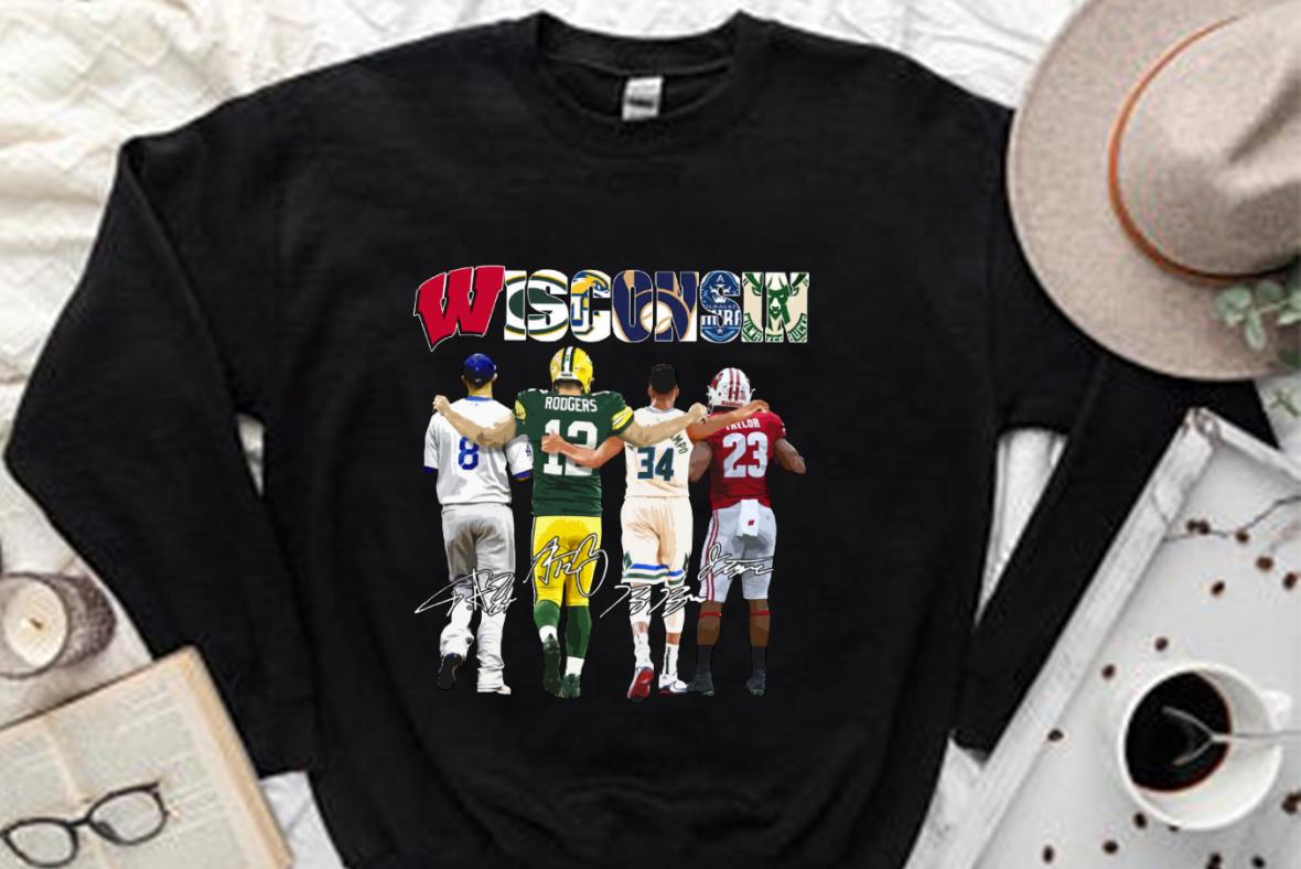 Vintage Wisconsin Rodgers Giannis And Taylor And Antetokounmpo And Ryan Braun Signatures Shirt, Giannis And Taylor Shirt 2