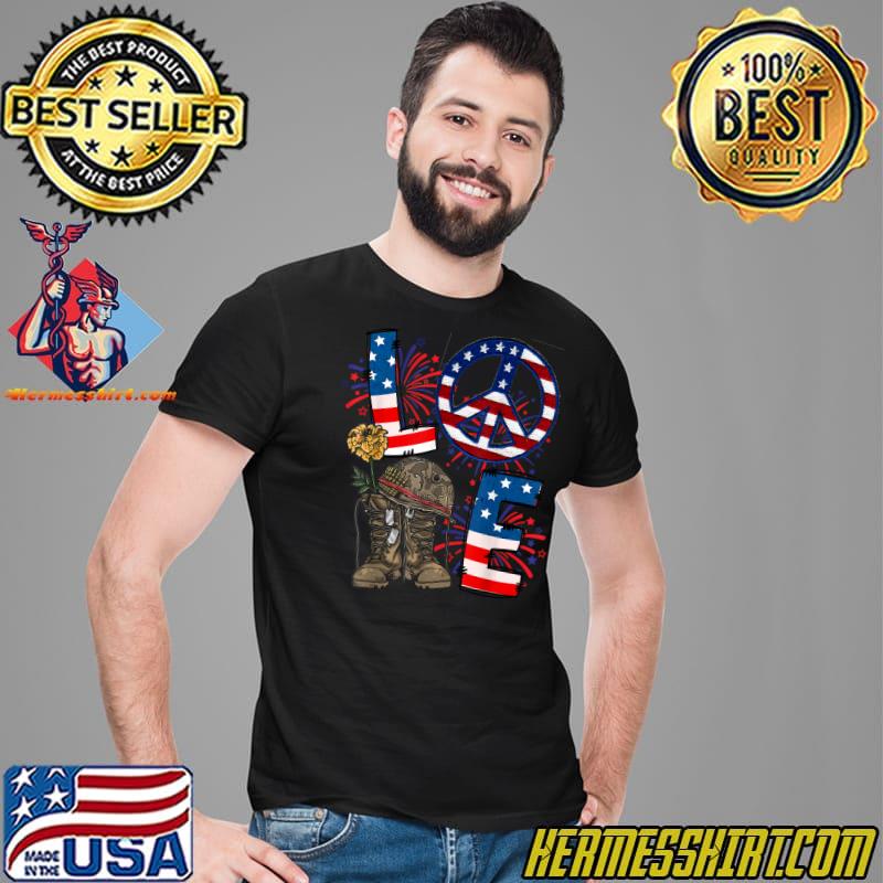 Love our veterans day proud military us flag flower shose peacce usa flag T-Shirt