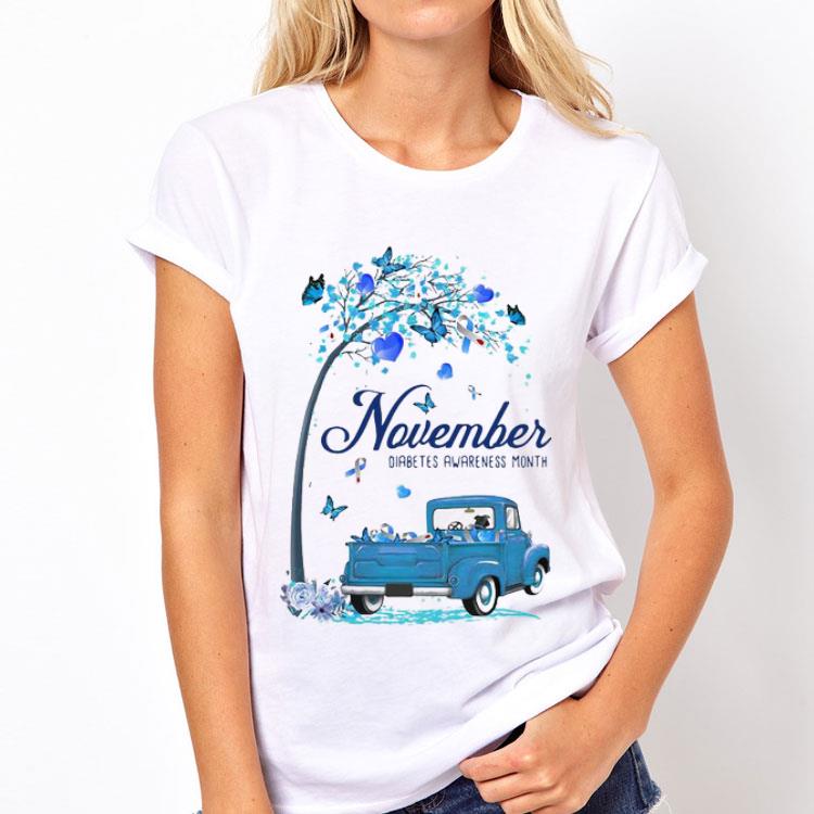 November Diabetes Month Blue Butterfly Ribbon Tree Truck shirt