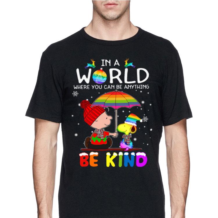LGBT Charlie Brown and Snoopy in a world where you can be anything be kind Christmas shirt