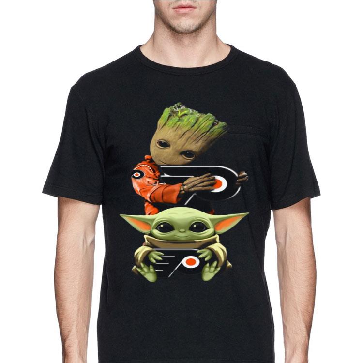 Baby Yoda and Baby Groot hug Philadelphia Flyers shirt